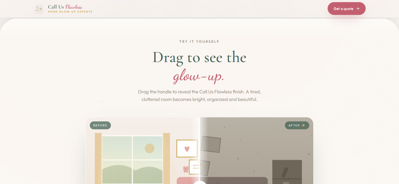 Call Us Flawless website showing its before-and-after room transformation