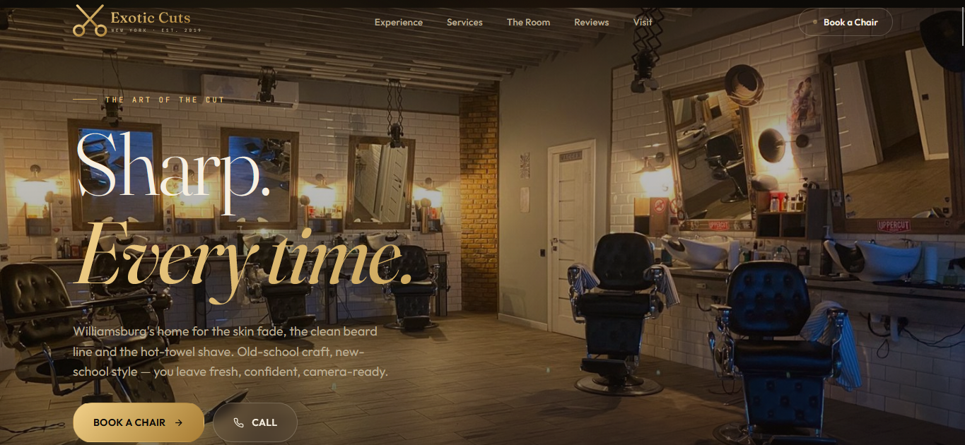 Exotic Cuts desktop homepage with a cinematic Williamsburg barbershop interior